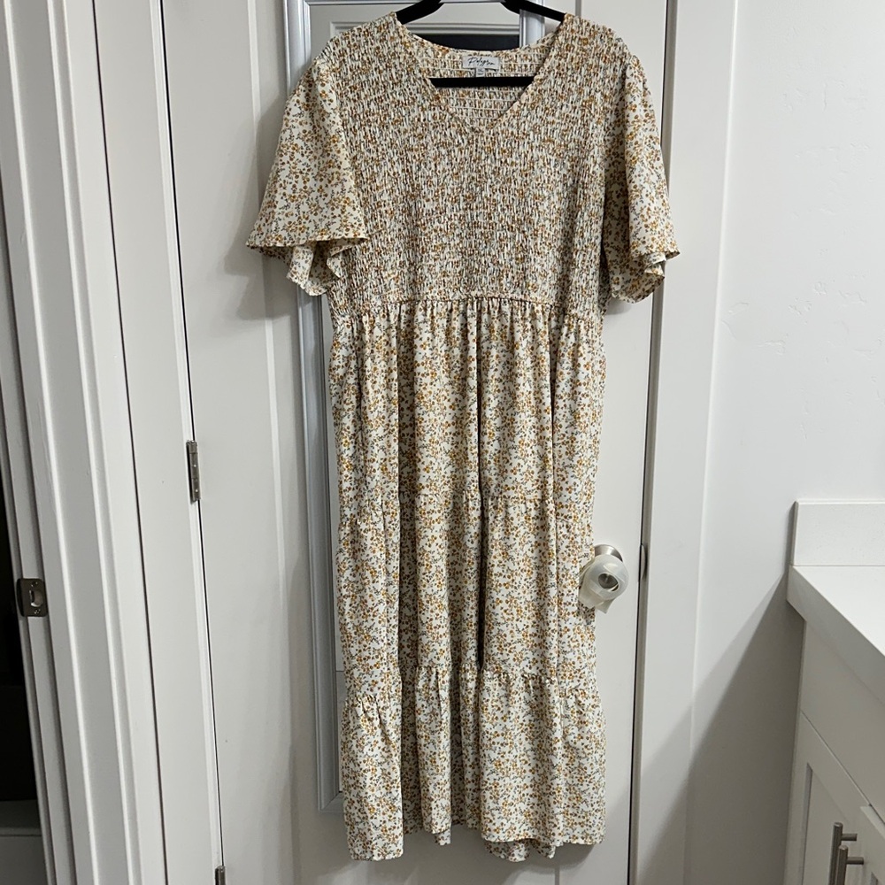 Floral Smocked Midi Dress in Cream and Mustard with pockets